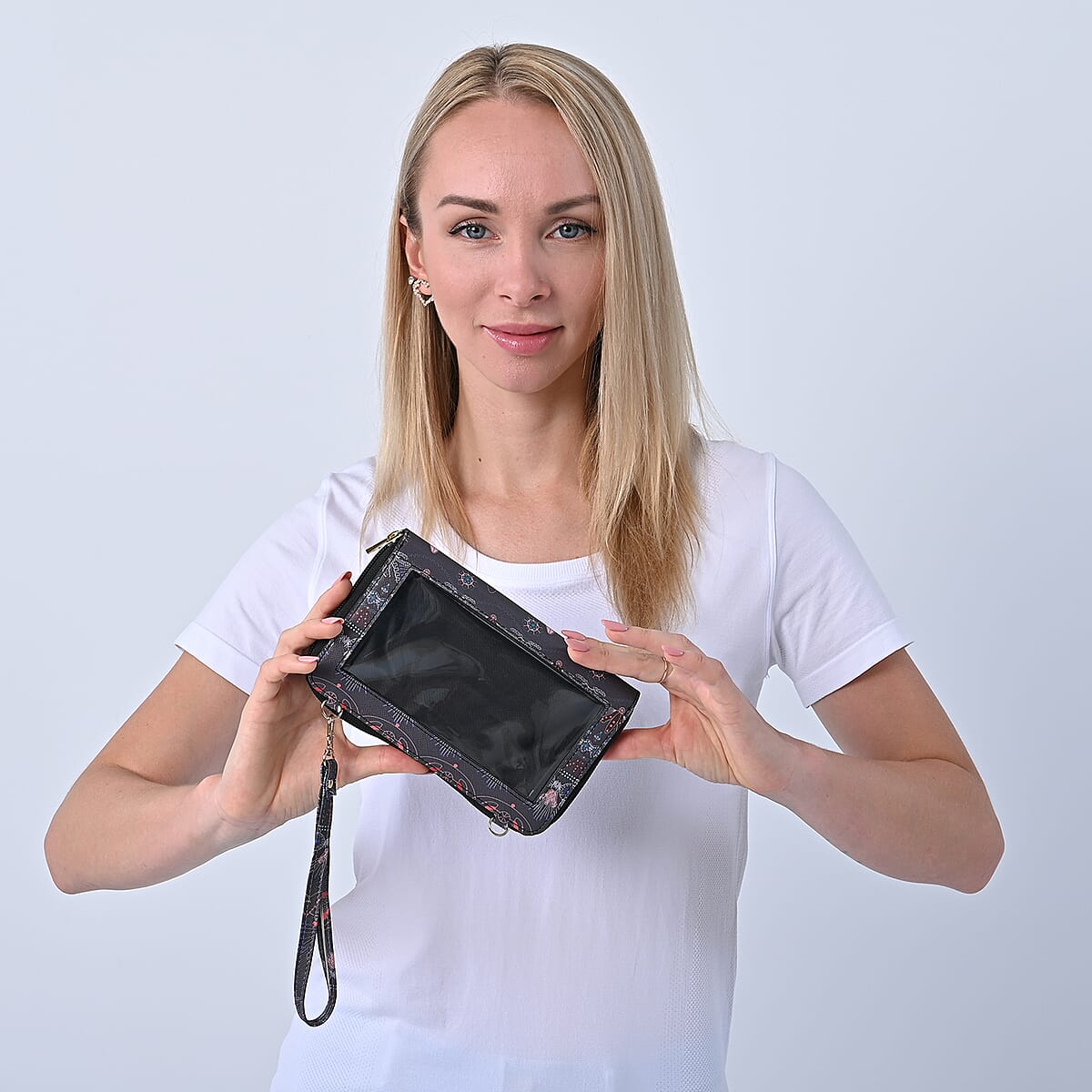 Brown Tribal Pattern Faux Leather RFID Crossbody Bag with Touch Screen Window and 4000mAh Wireless Power Bank image number 2