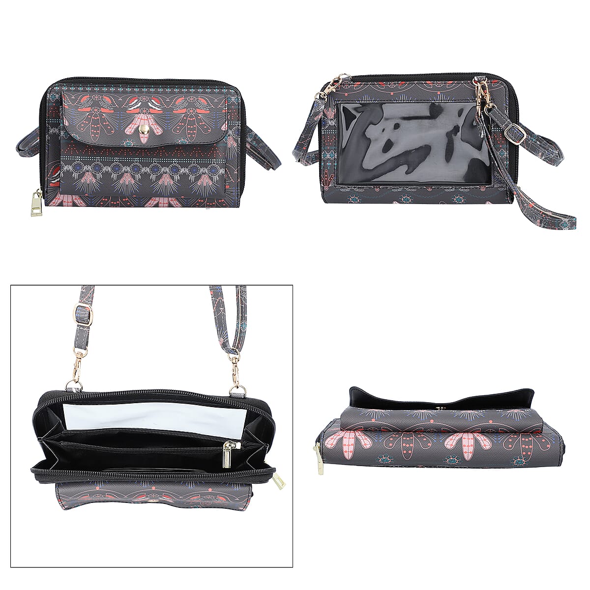 Brown Tribal Pattern Faux Leather RFID Crossbody Bag with Touch Screen Window and 4000mAh Wireless Power Bank image number 3