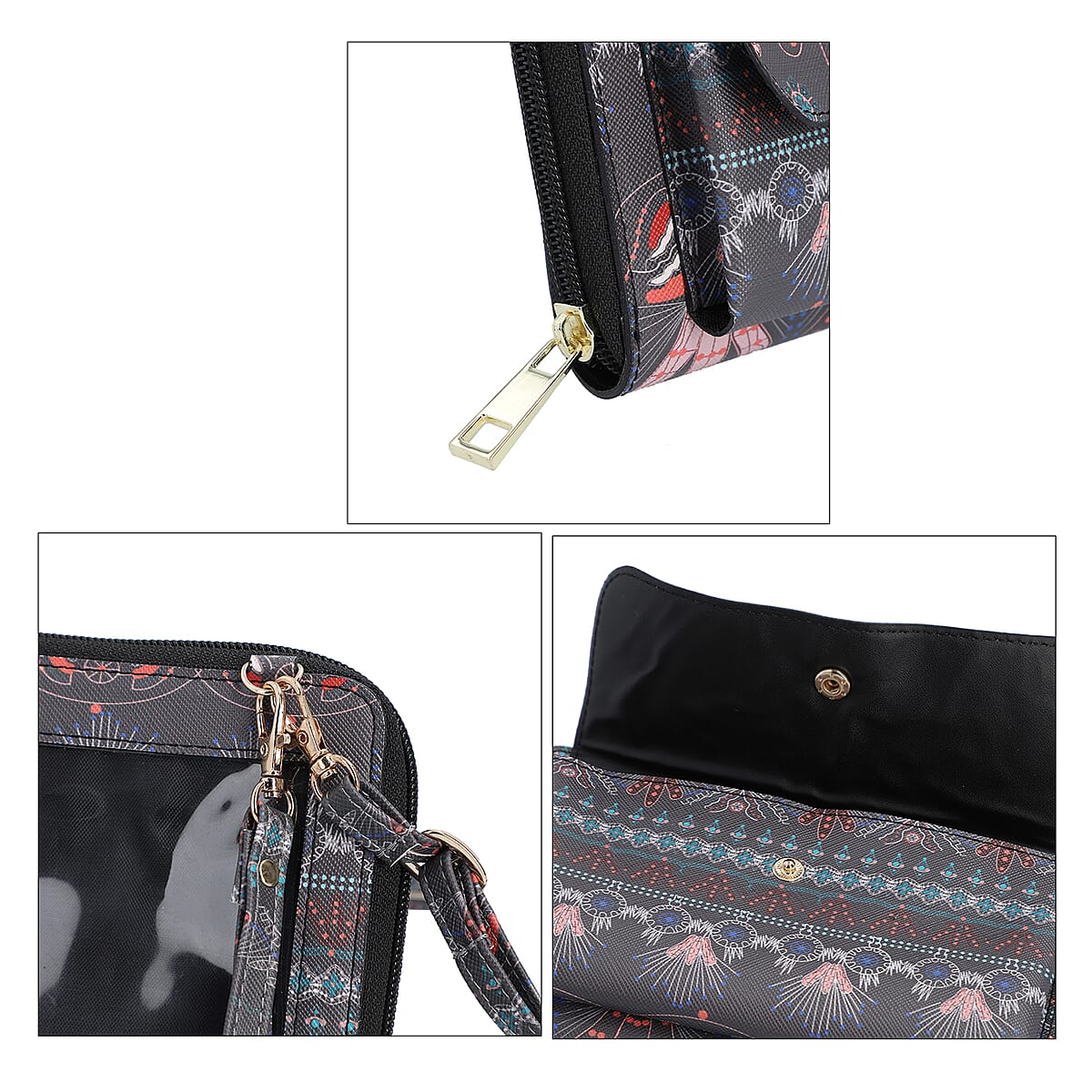 Brown Tribal Pattern Faux Leather RFID Crossbody Bag with Touch Screen Window and 4000mAh Wireless Power Bank image number 4