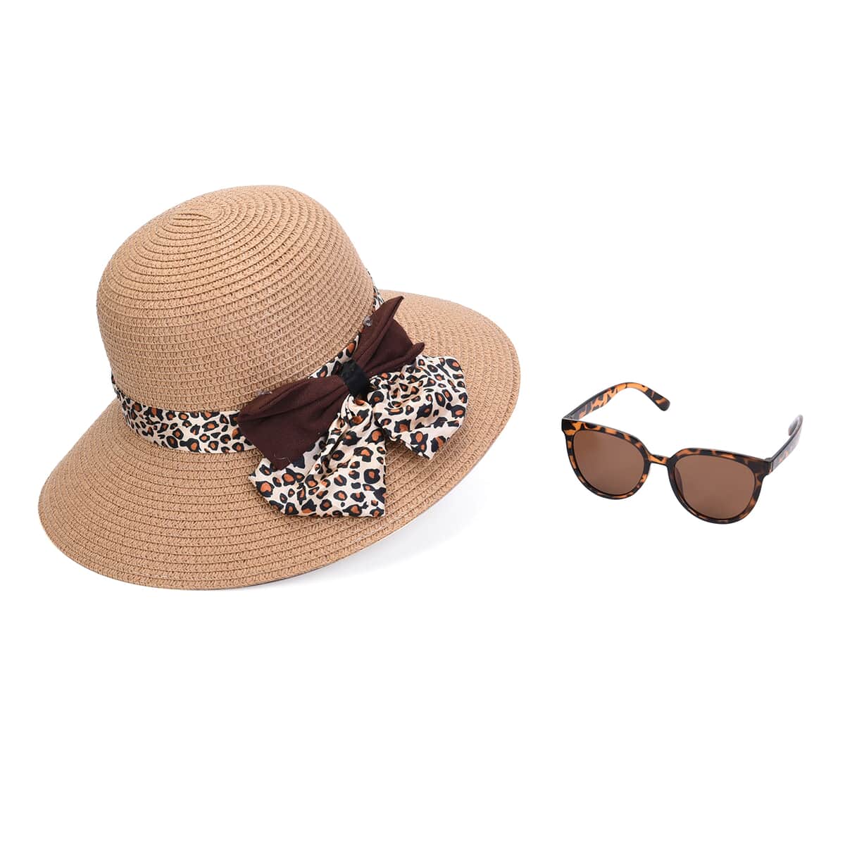 Brown Leopard Pattern Bowknot Hat & UV 400 Polarized Sunglasses image number 0