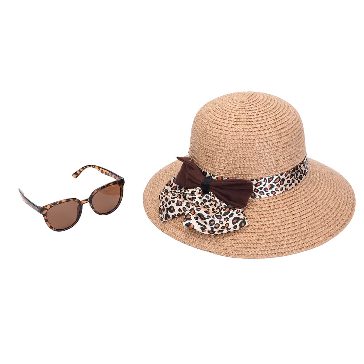 Brown Leopard Pattern Bowknot Hat & UV 400 Polarized Sunglasses image number 3
