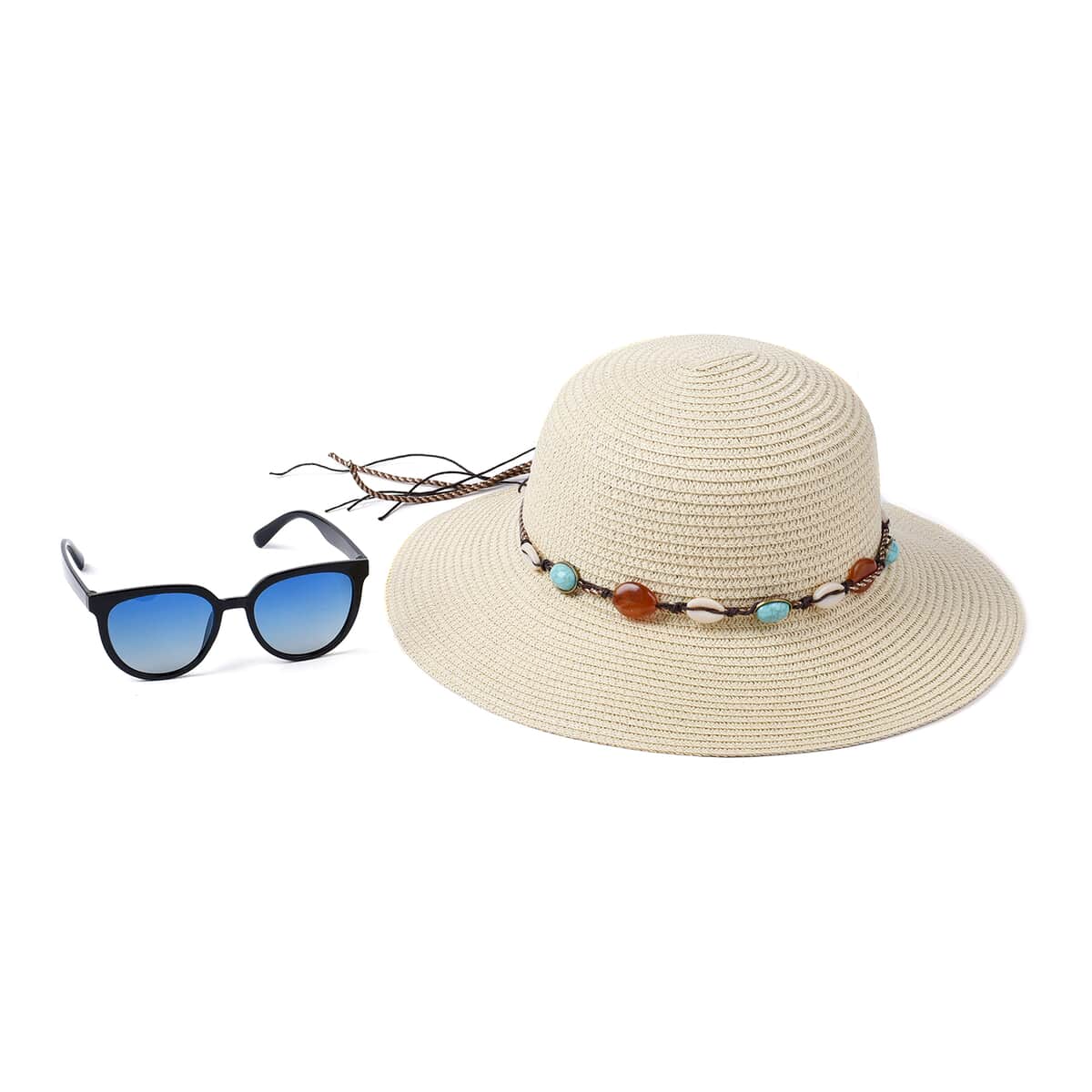 Tan Bowknot Hat  & UV 400 Blue & Black Polarized Sunglasses image number 0