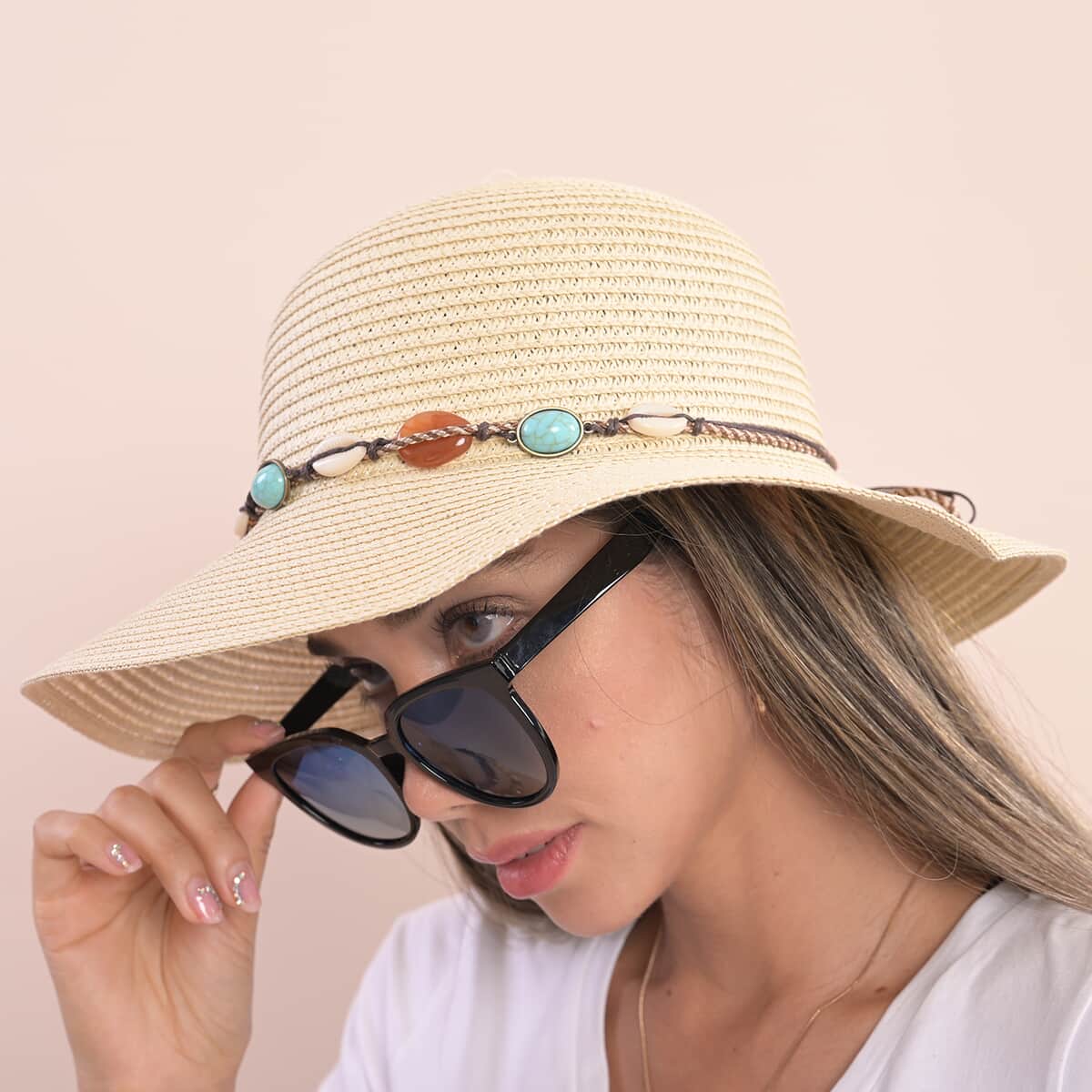 Tan Bowknot Hat  & UV 400 Blue & Black Polarized Sunglasses image number 1