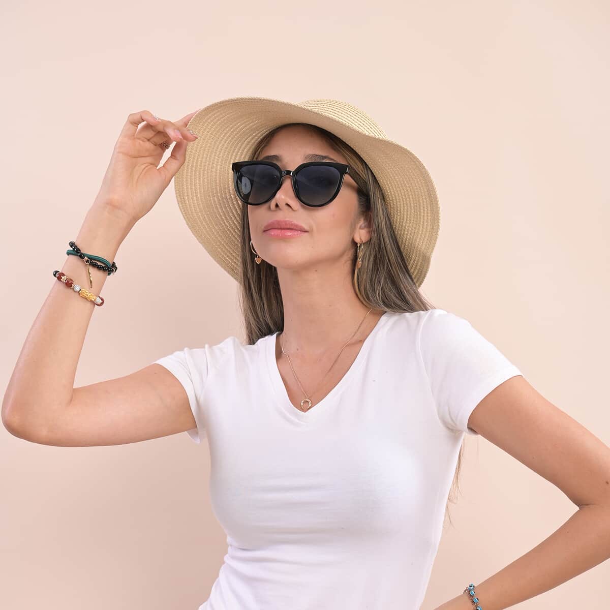 Tan Bowknot Hat  & UV 400 Blue & Black Polarized Sunglasses image number 2