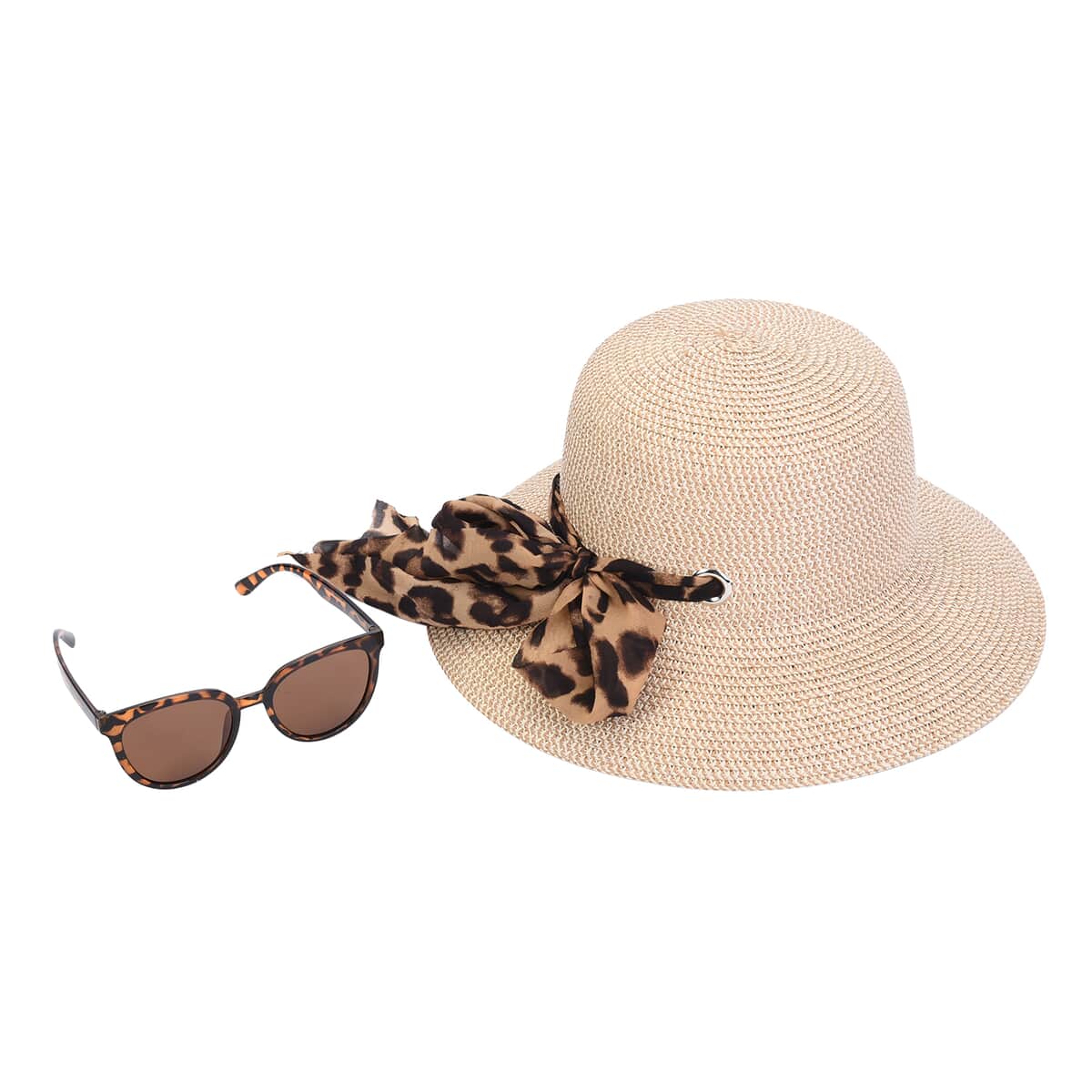 Khaki with Leopard Pattern Bowknot Hat & UV 400 Polarized Sunglasses image number 0