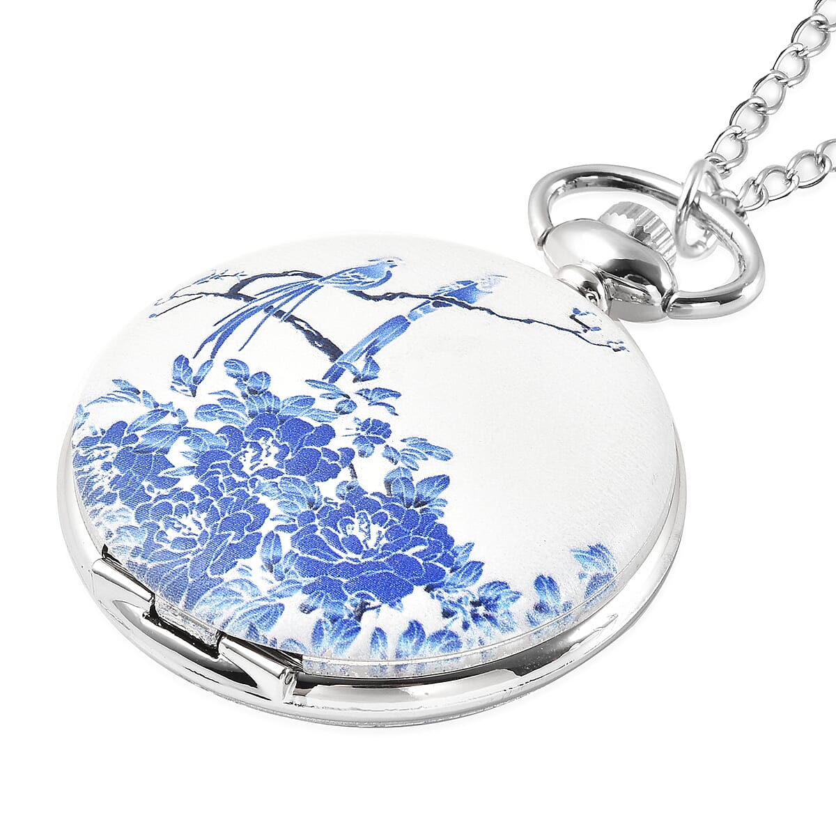 STRADA Japanese Movement Floral Pattern Pocket Watch with Chain (31 Inches) in Silvertone image number 2