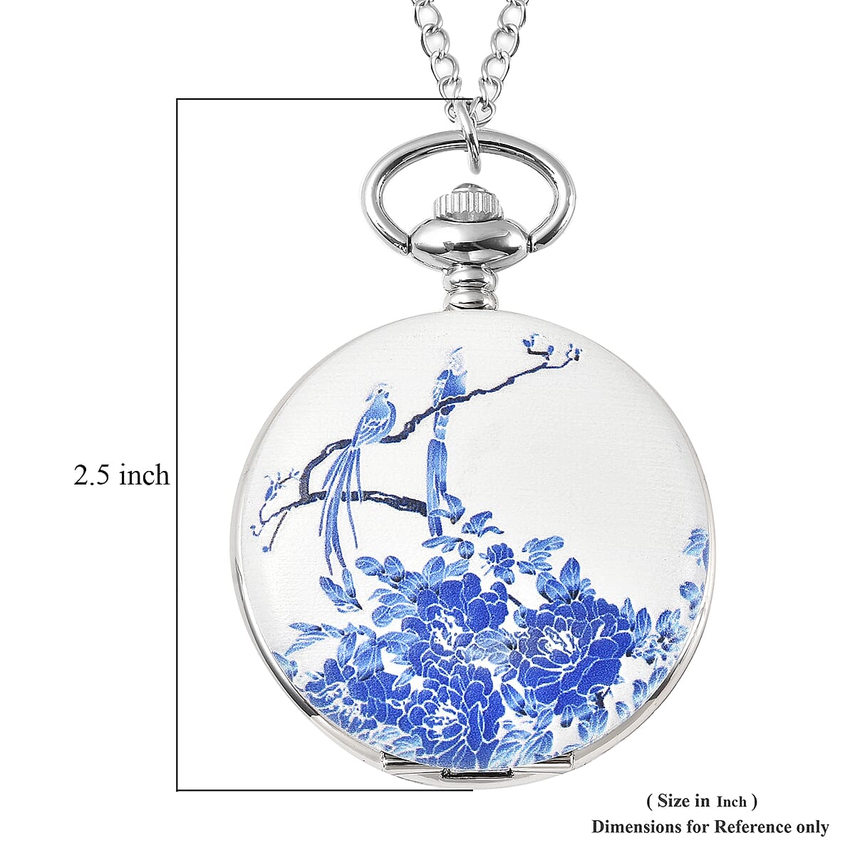 STRADA Japanese Movement Floral Pattern Pocket Watch with Chain (31 Inches) in Silvertone image number 5