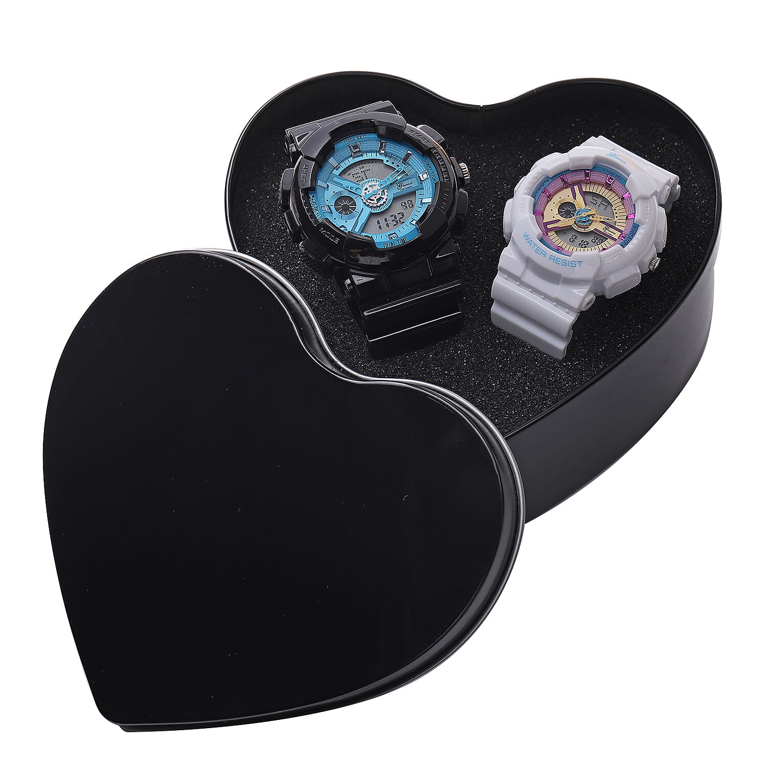 Set of 2 Genoa Japanese and Electronic Movement Multi Functional Blue Dial Watch in Black and White Silicone Strap (52 mm)