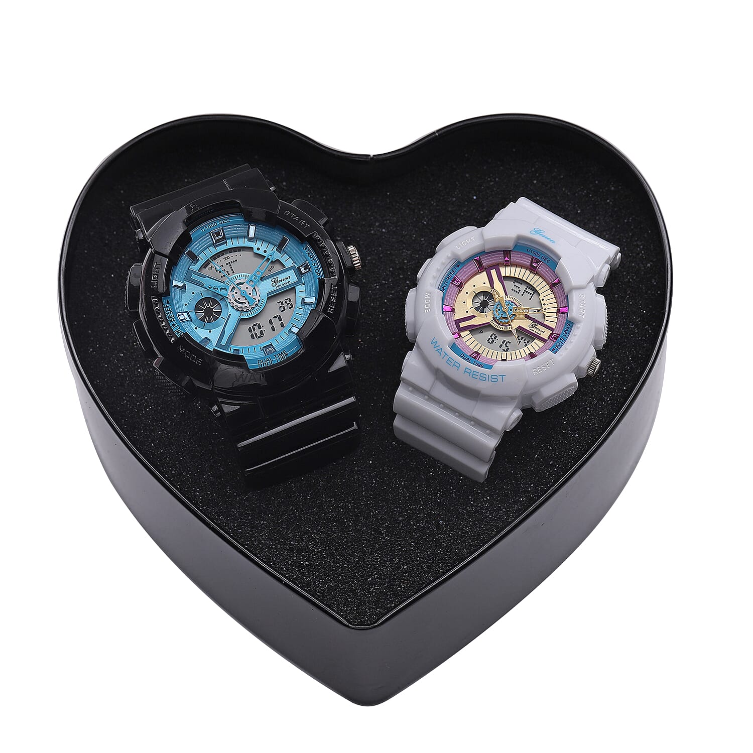 Set of 2 Genoa Japanese and Electronic Movement Multi Functional Blue Dial Watch in Black and White Silicone Strap (52 mm)