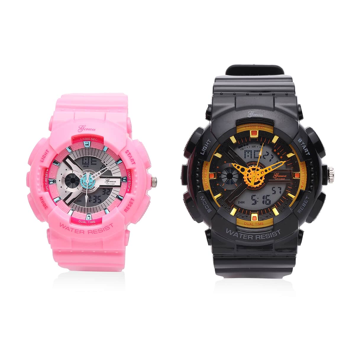 Set of 2 Genoa Japanese and Electronic Movement Multi Functional Black Dial Watch in Black and Pink Silicone Strap (52 mm) image number 0