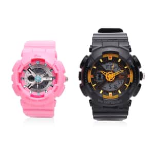 Set of 2 Genoa Japanese and Electronic Movement Multi Functional Black Dial Watch in Black and Pink Silicone Strap (52 mm)