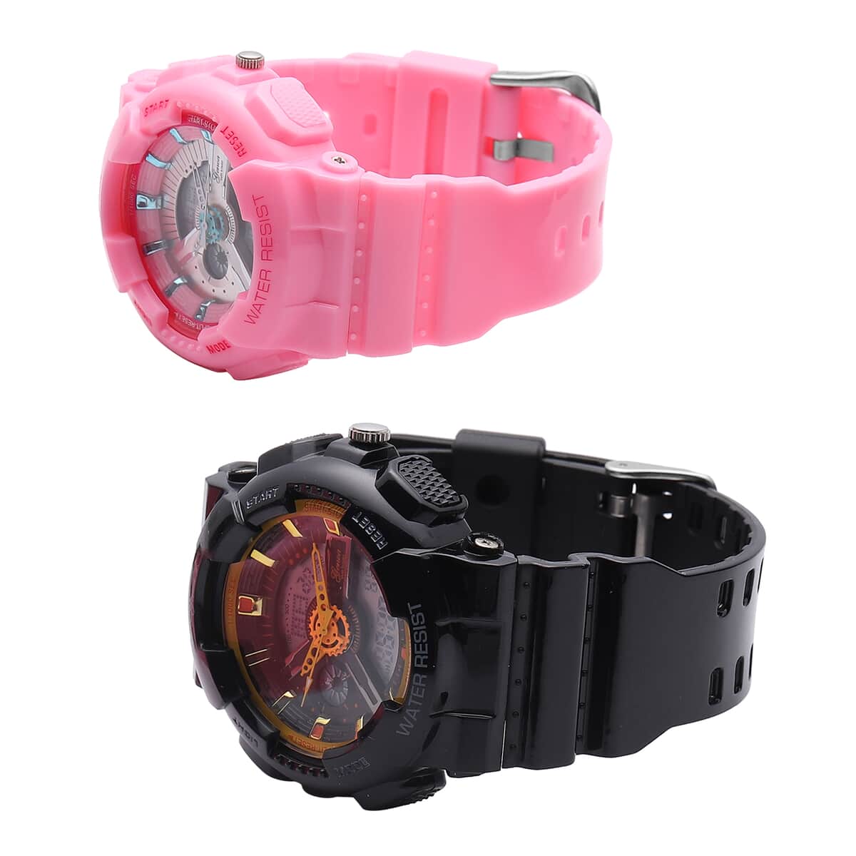 Set of 2 Genoa Japanese and Electronic Movement Multi Functional Black Dial Watch in Black and Pink Silicone Strap (52 mm) image number 2
