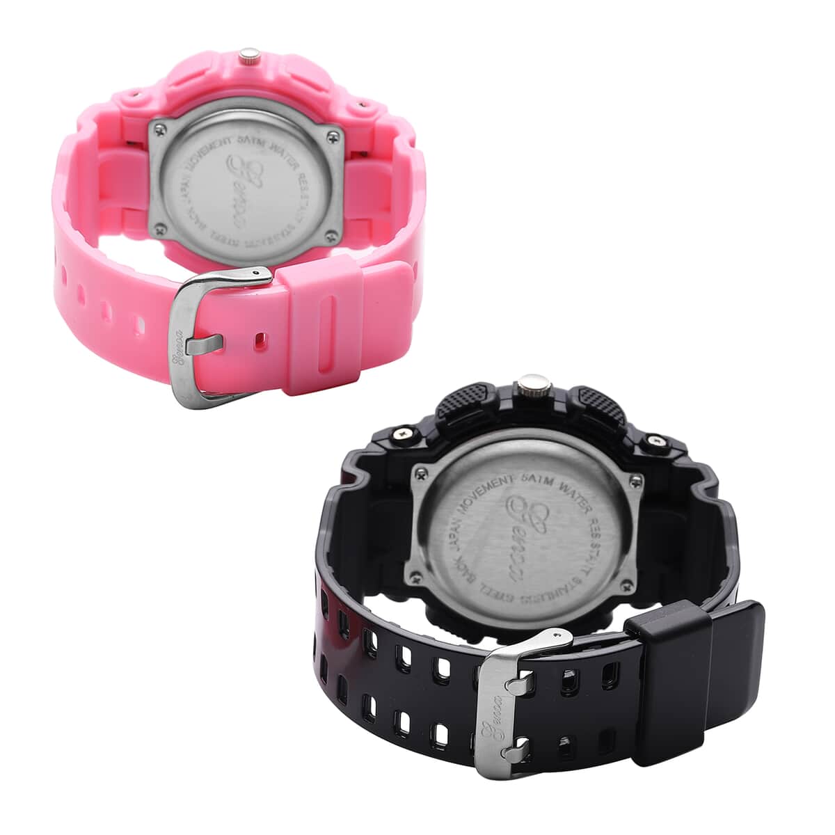 Set of 2 Genoa Japanese and Electronic Movement Multi Functional Black Dial Watch in Black and Pink Silicone Strap (52 mm) image number 3