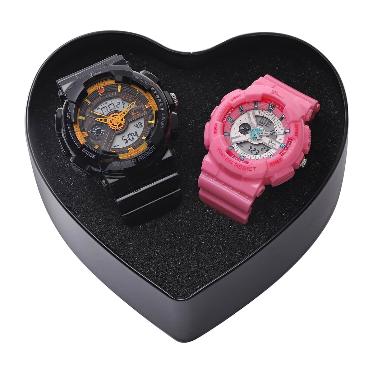 Set of 2 Genoa Japanese and Electronic Movement Multi Functional Black Dial Watch in Black and Pink Silicone Strap (52 mm) image number 6