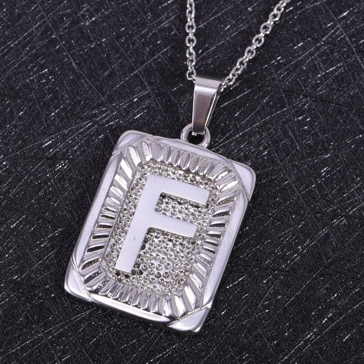 Dog Tag Style F Initial Pendant Necklace 22 Inches in Stainless Steel image number 1