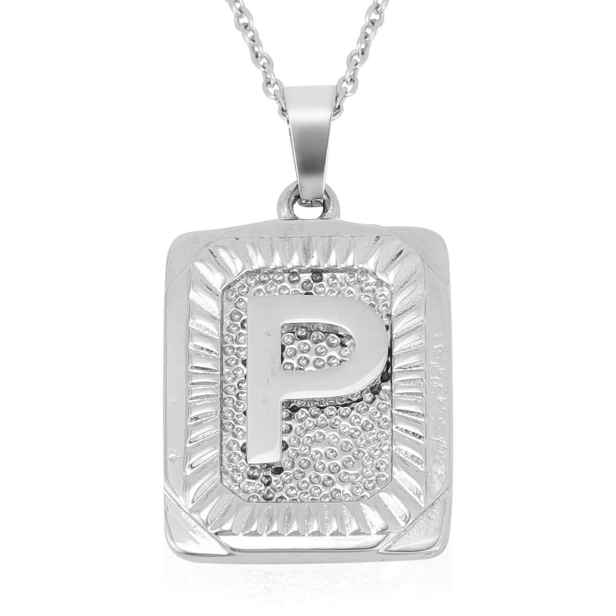 Dog Tag Style P Initial Pendant Necklace 22 Inches in Stainless Steel image number 0
