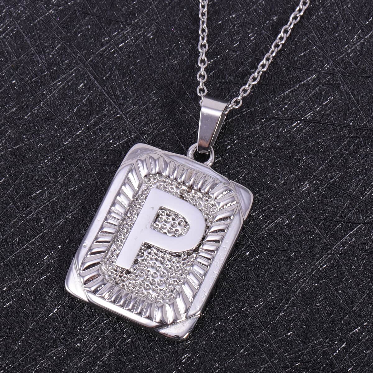 Dog Tag Style P Initial Pendant Necklace 22 Inches in Stainless Steel image number 1