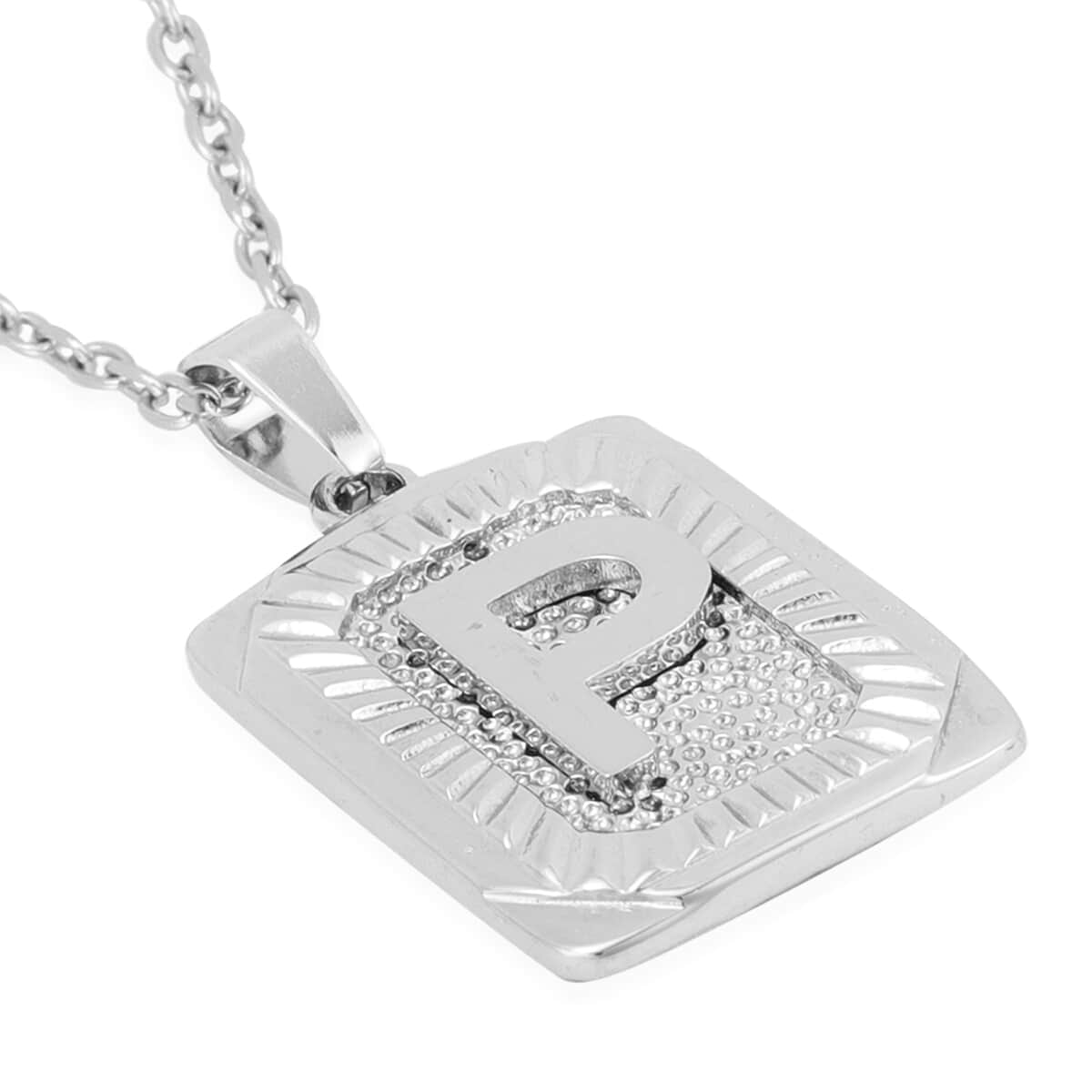Dog Tag Style P Initial Pendant Necklace 22 Inches in Stainless Steel image number 3