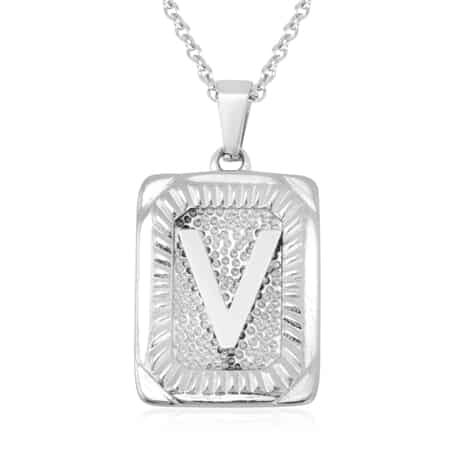 Dog Tag Style V Initial Pendant Necklace 22 Inches in Stainless Steel image number 0