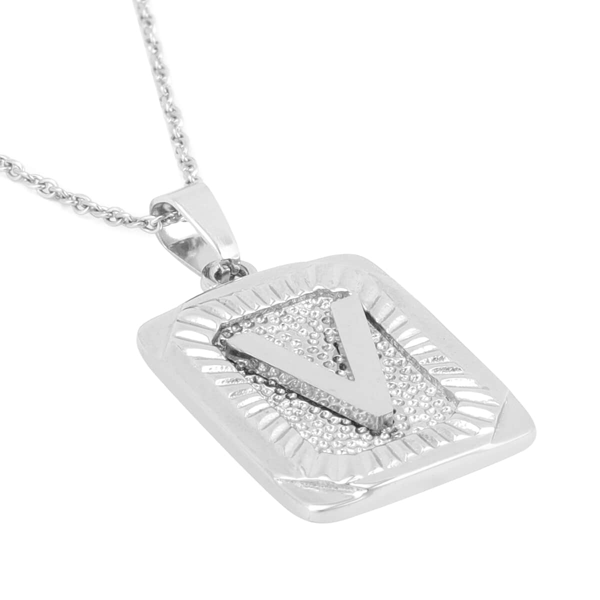 Dog Tag Style V Initial Pendant Necklace 22 Inches in Stainless Steel image number 3