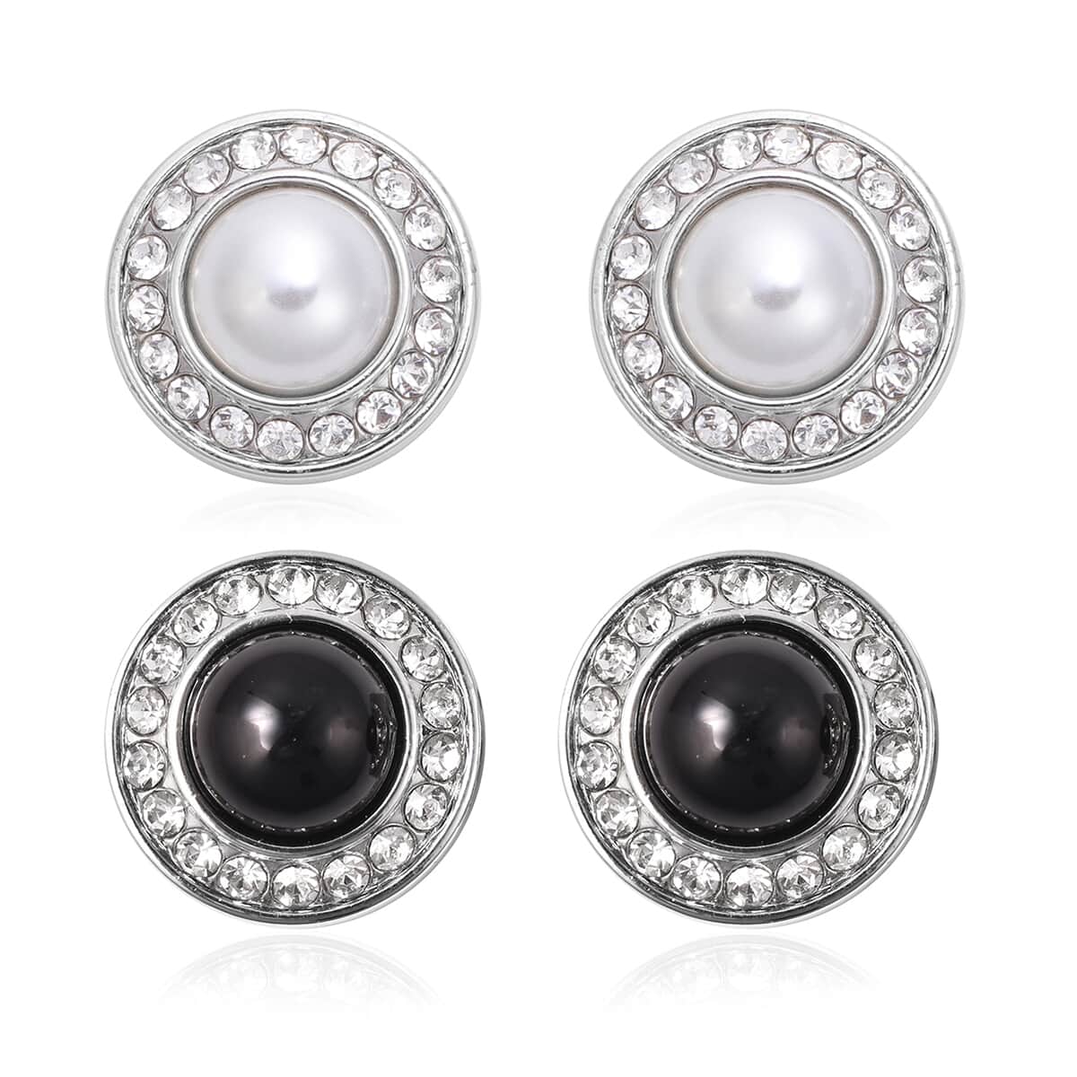 Set of 2 Simulated Pearl, Austrian Crystal Button Covers in Silvertone image number 0