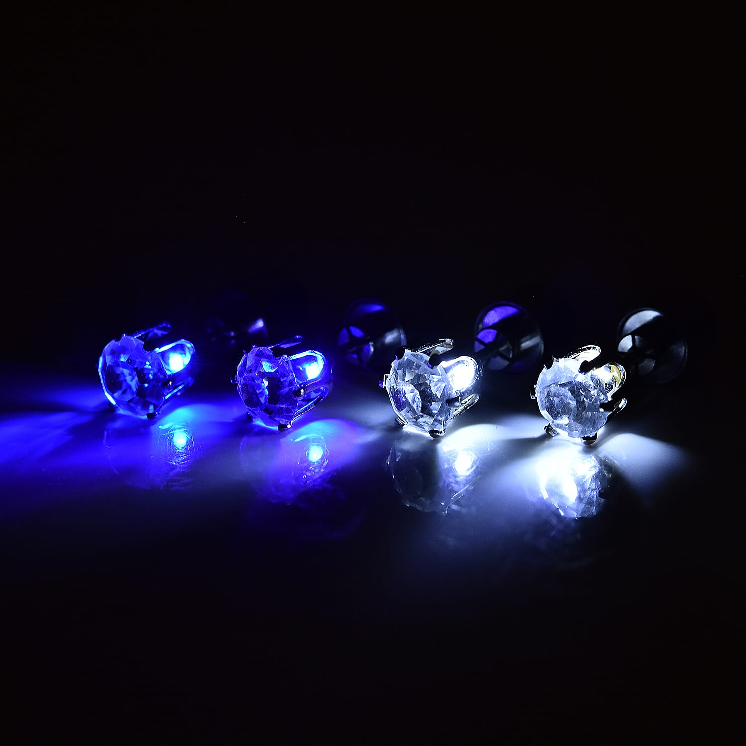 Set of 2 Austrian Crystal Stud Earrings with Blue and White LED Light in Silvertone
