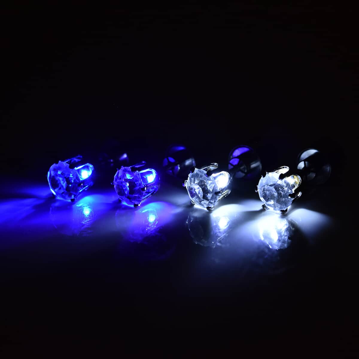 Set of 2 Austrian Crystal Stud Earrings with Blue and White LED Light in Silvertone image number 1