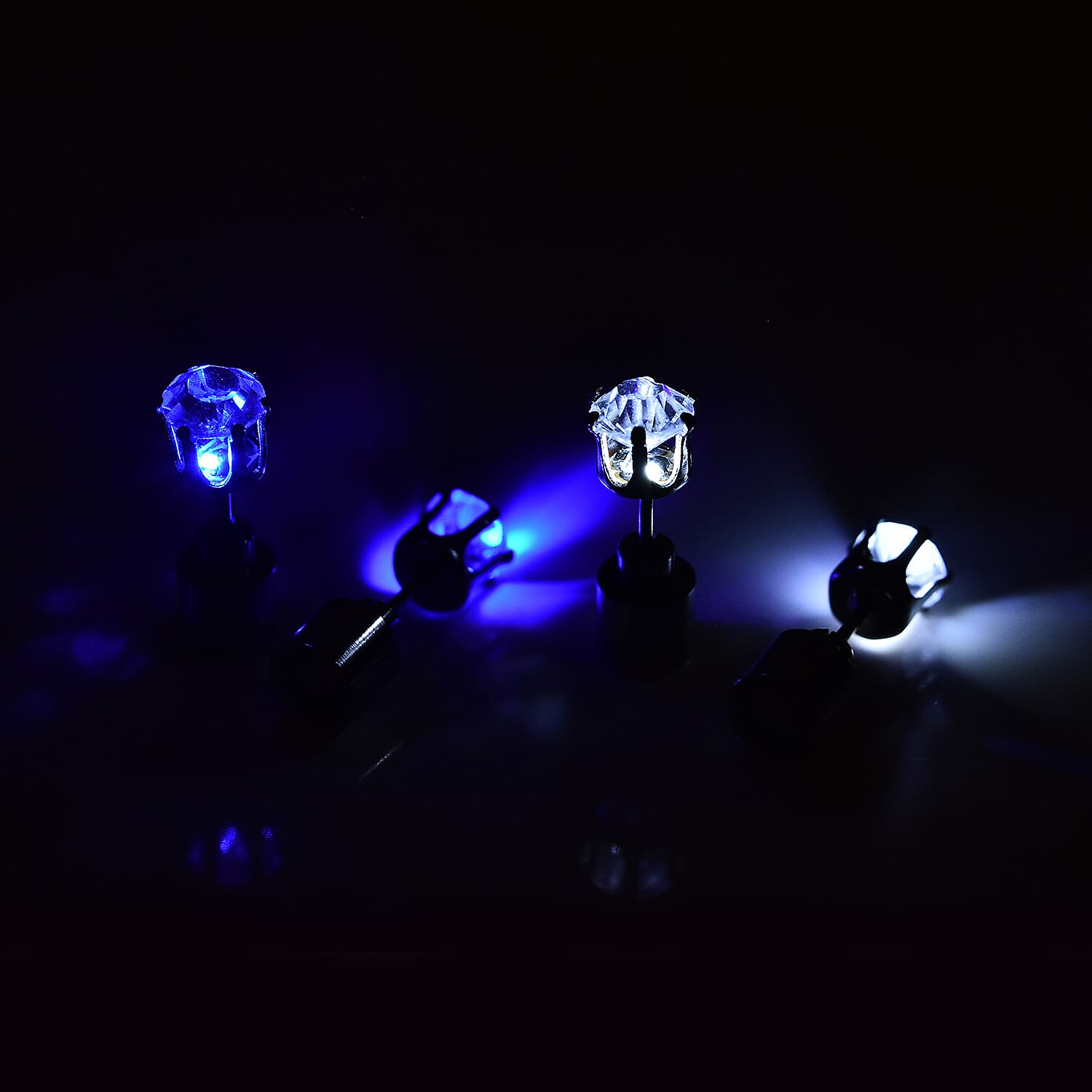 Set of 2 Austrian Crystal Stud Earrings with Blue and White LED Light in Silvertone