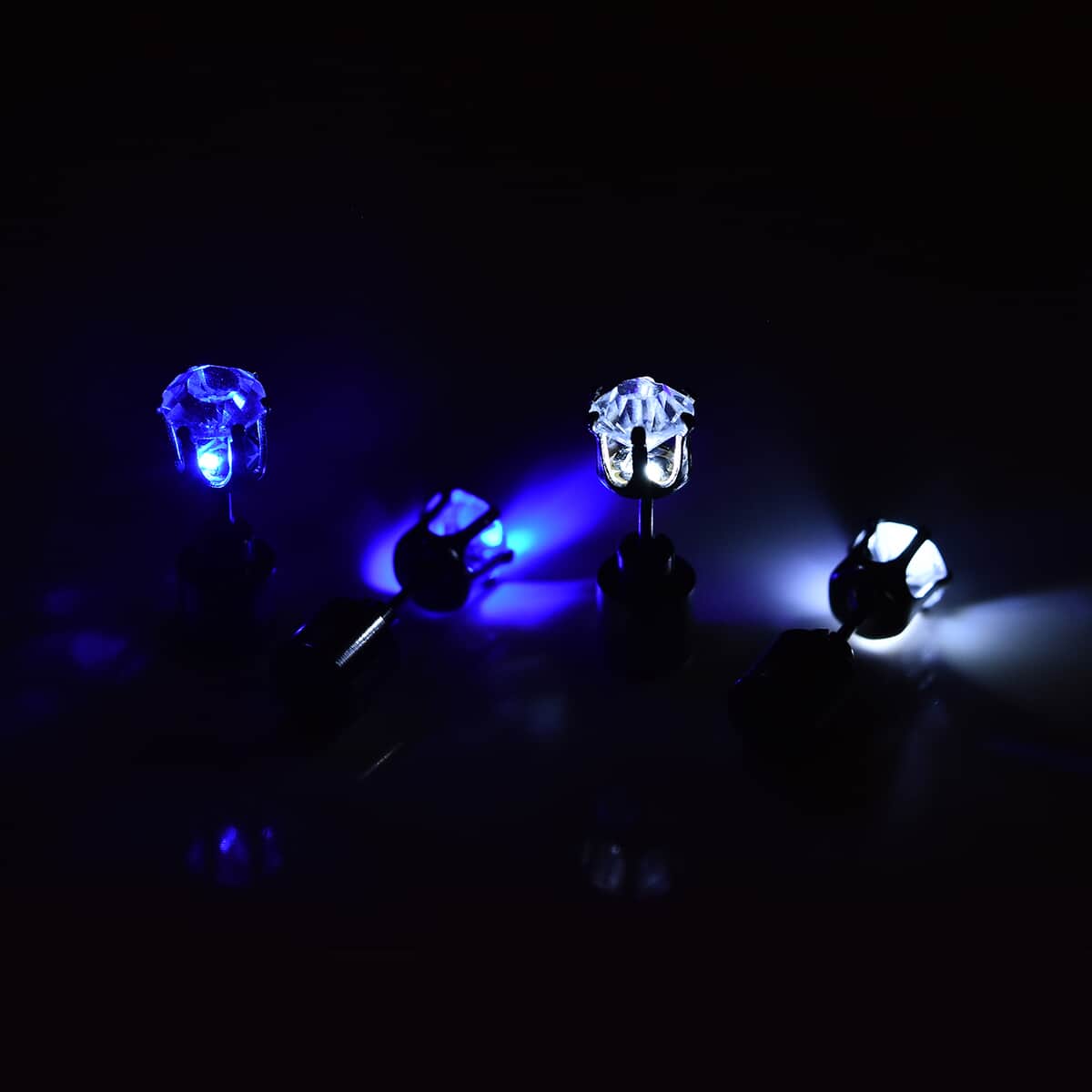 Set of 2 Austrian Crystal Stud Earrings with Blue and White LED Light in Silvertone image number 2