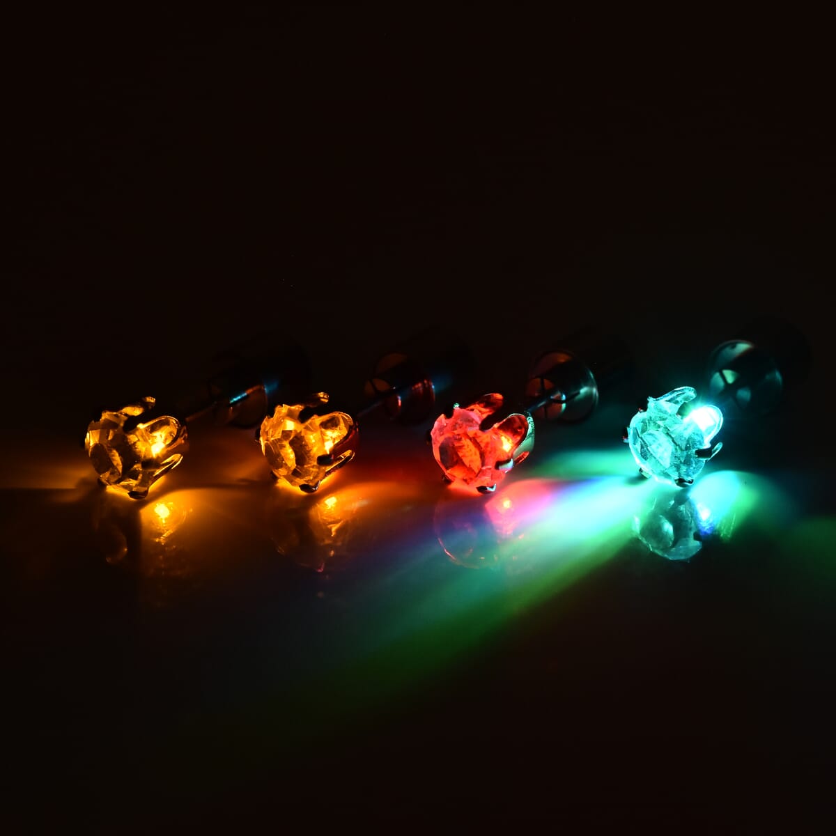 Set of 2 Austrian Crystal Stud Earrings with Yellow and Multi Color LED Light in Silvertone image number 1