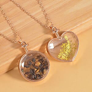 Yellow Tiger's Eye and Glass 2.50 ctw Set of 2 Nature and Earth Pendant Necklace in Rosetone 24 Inches