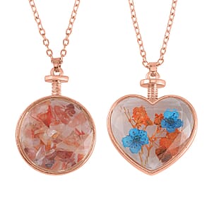 Fuchsia Agate and Glass 3.30 ctw Set of 2 Nature and Earth Pendant Necklace in Rosetone 24 Inches