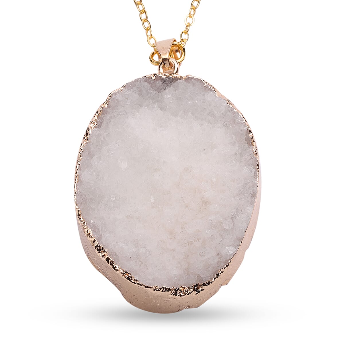 White Drusy Quartz Pendant Necklace 24 Inches in Goldtone & ION Plated YG Stainless Steel