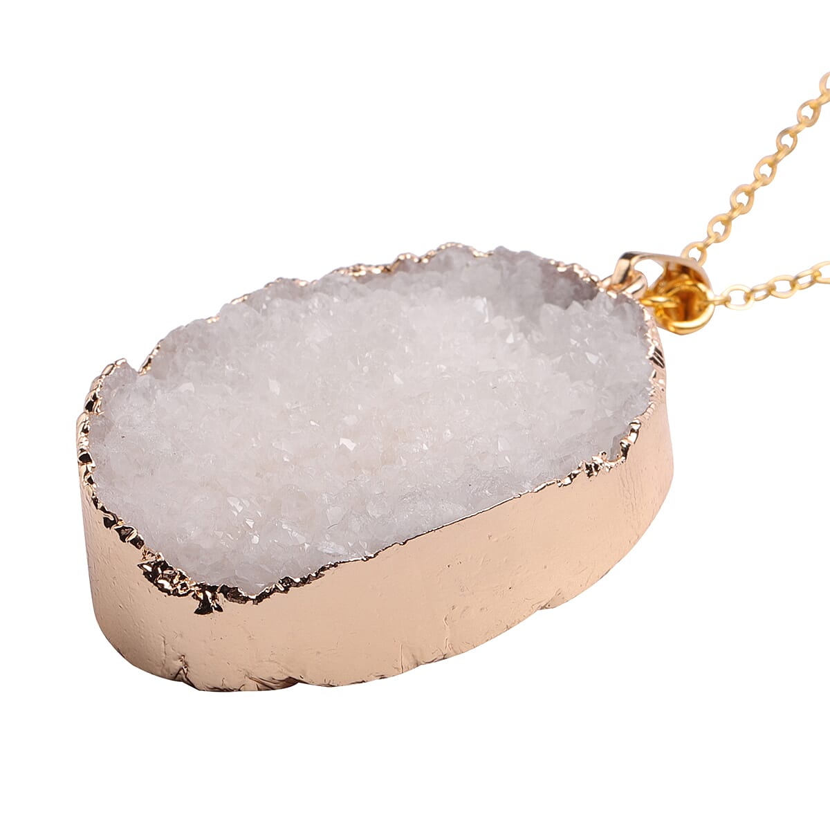 White Drusy Quartz Pendant Necklace 24 Inches in Goldtone & ION Plated YG Stainless Steel