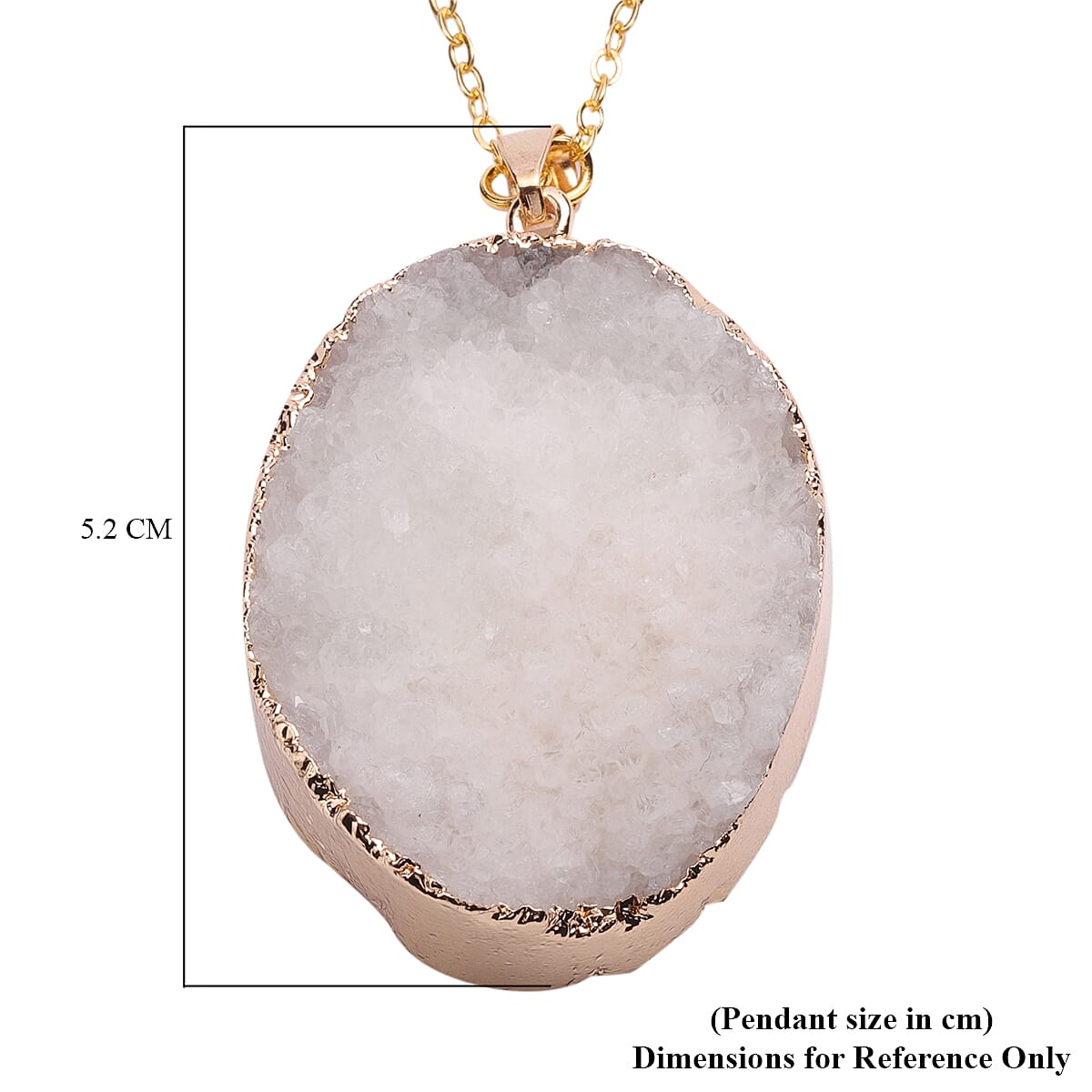 White Drusy Quartz Pendant Necklace 24 Inches in Goldtone & ION Plated YG Stainless Steel