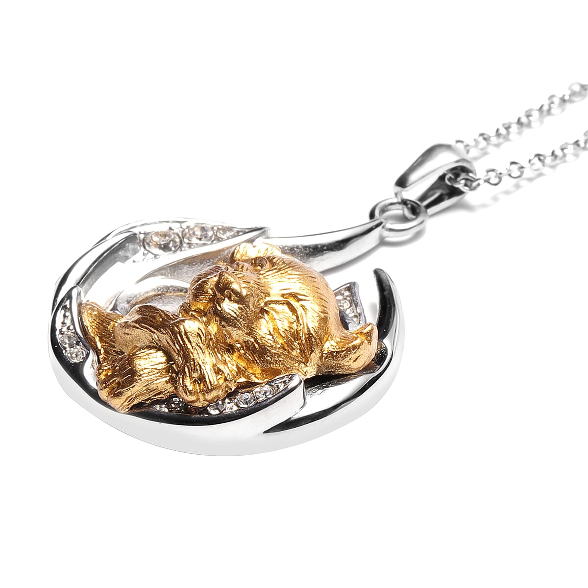 White Austrian Crystal, Yellow Resin Sleepy Lion Pendant Necklace (20 Inches) in Stainless SteelWhite Austrian Crystal, Yellow Resin Sleepy Lion Pendant Necklace (20 Inches) in Stainless Ste image number 2