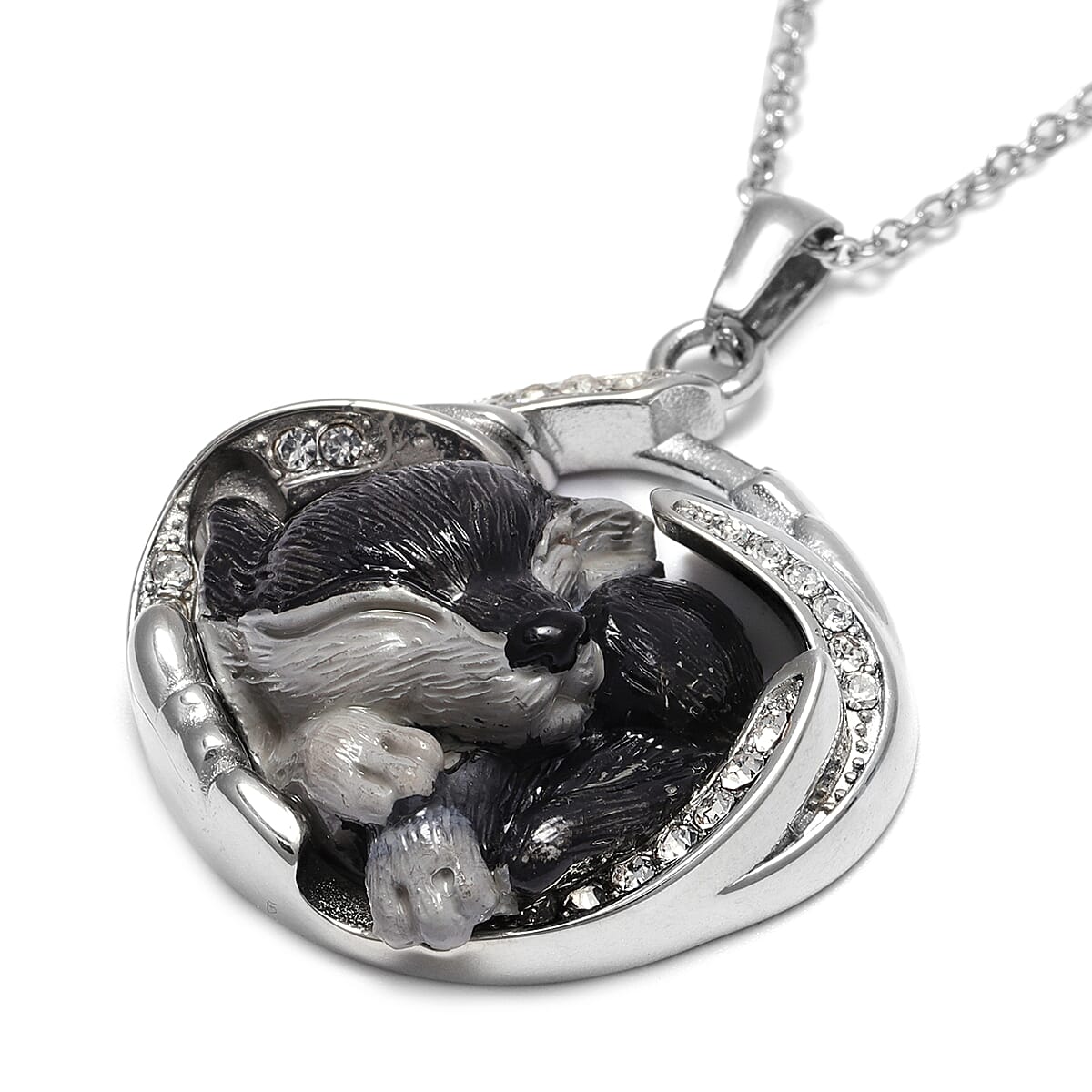 White Austrian Crystal, Black and Grey Resin Sleepy Wolf Pendant Necklace 20 Inches in Stainless Steel image number 2