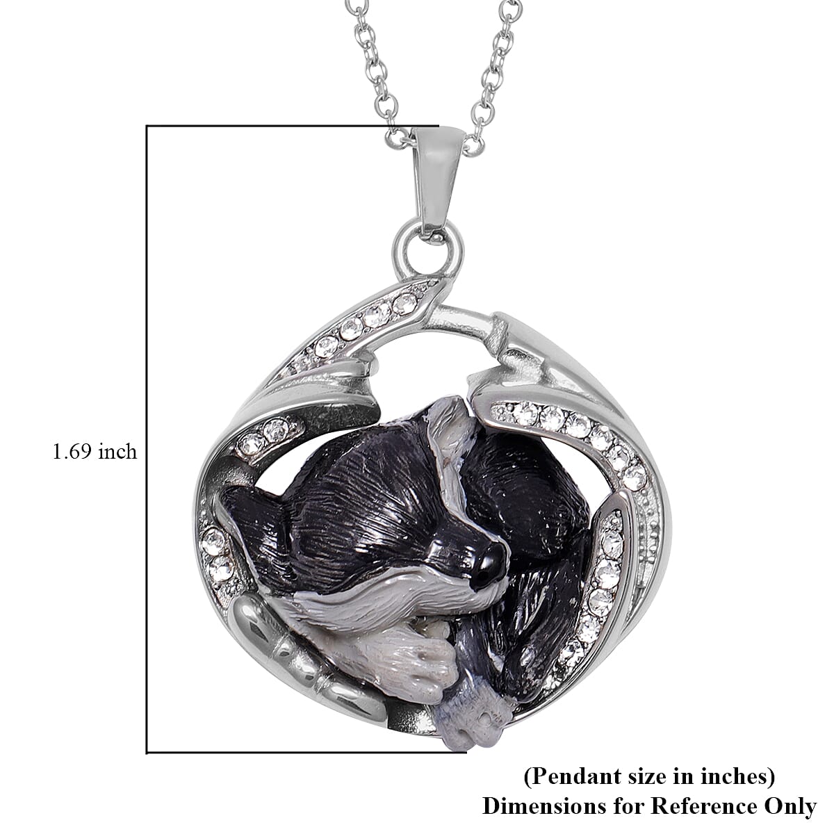 White Austrian Crystal, Black and Grey Resin Sleepy Wolf Pendant Necklace 20 Inches in Stainless Steel image number 3