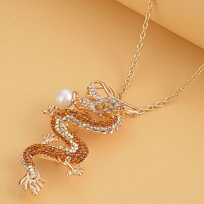 Multi Color Austrian Crystal, Resin and Enameled Dragon Brooch or Pendant Necklace 28-30 Inches in Goldtone
