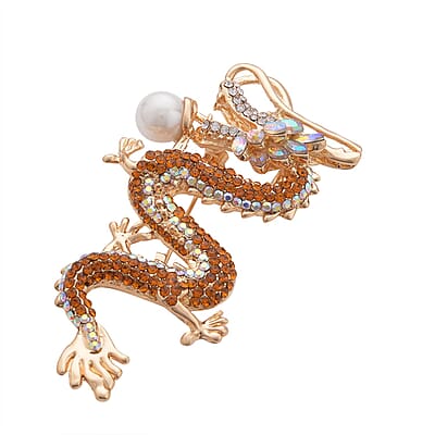 Multi Color Austrian Crystal, Resin and Enameled Dragon Brooch or Pendant Necklace 28-30 Inches in Goldtone