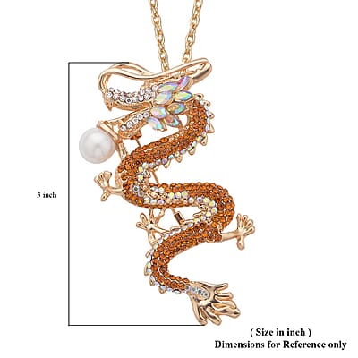 Multi Color Austrian Crystal, Resin and Enameled Dragon Brooch or Pendant Necklace 28-30 Inches in Goldtone