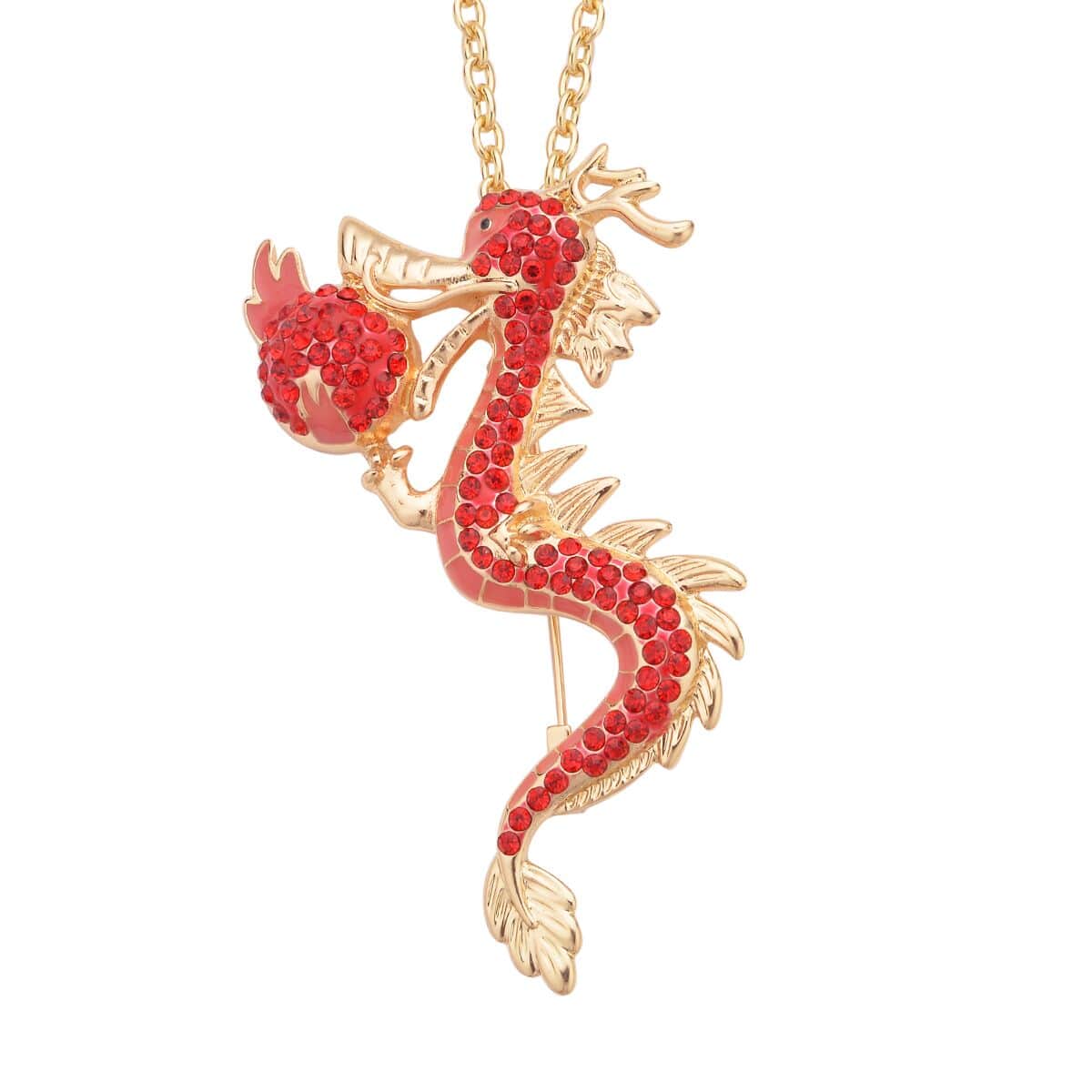 Red Austrian Crystal and Enameled Dragon Brooch or Pendant Necklace in Goldtone 28-30 Inchesa image number 0