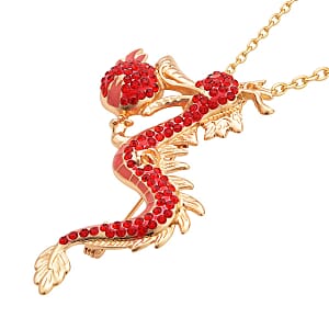 Red Austrian Crystal and Enameled Dragon Brooch or Pendant Necklace in Goldtone 28-30 Inchesa
