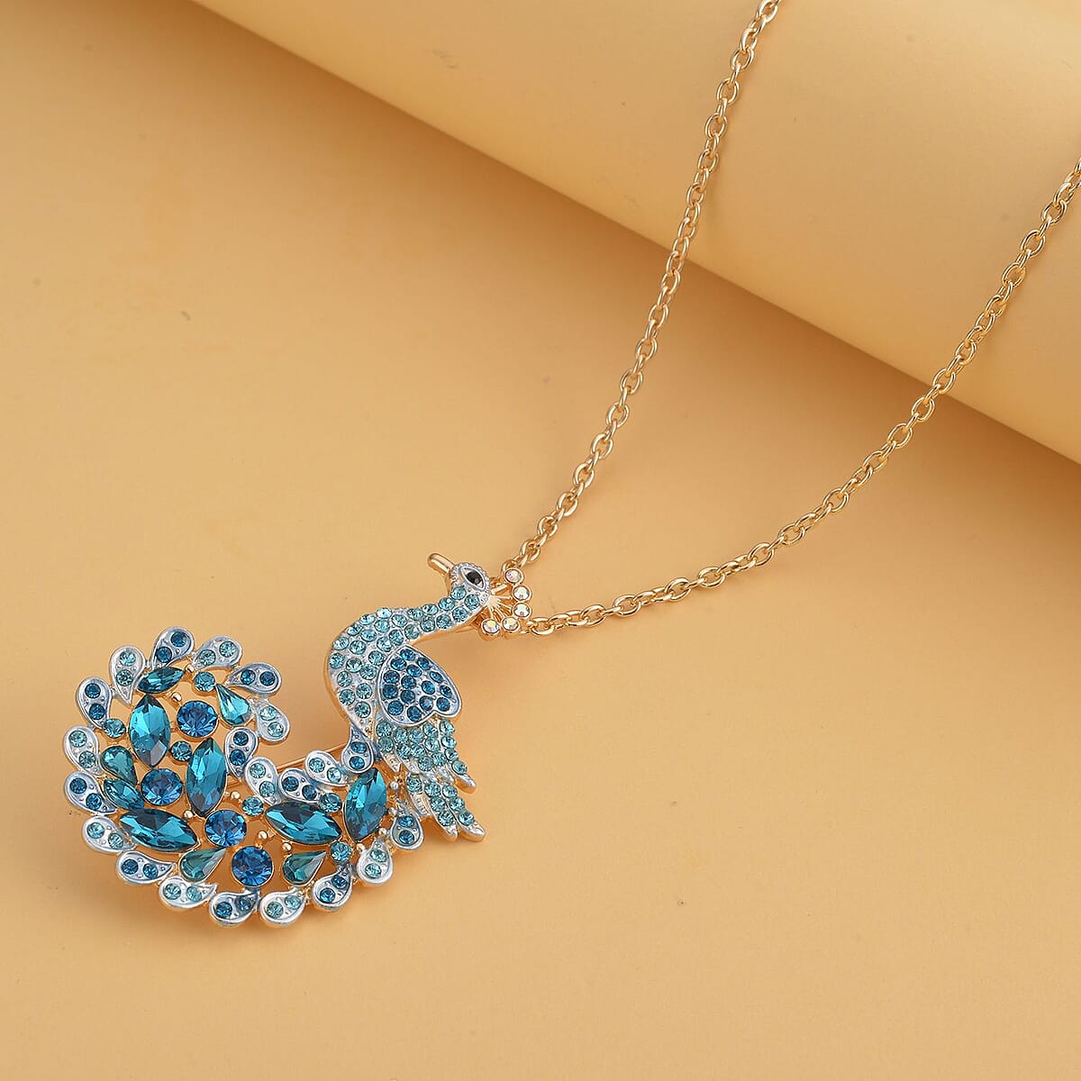 Multi Color Austrian Crystal, Blue Glass and Enameled Peacock Brooch or Pendant Necklace 28-30 Inches in Goldtone image number 1