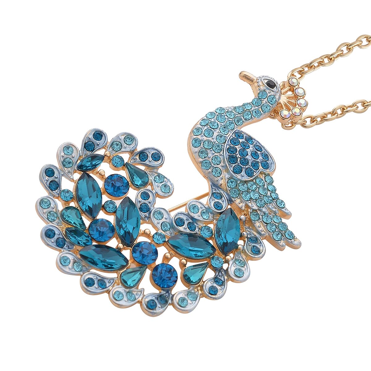 Multi Color Austrian Crystal, Blue Glass and Enameled Peacock Brooch or Pendant Necklace 28-30 Inches in Goldtone image number 2