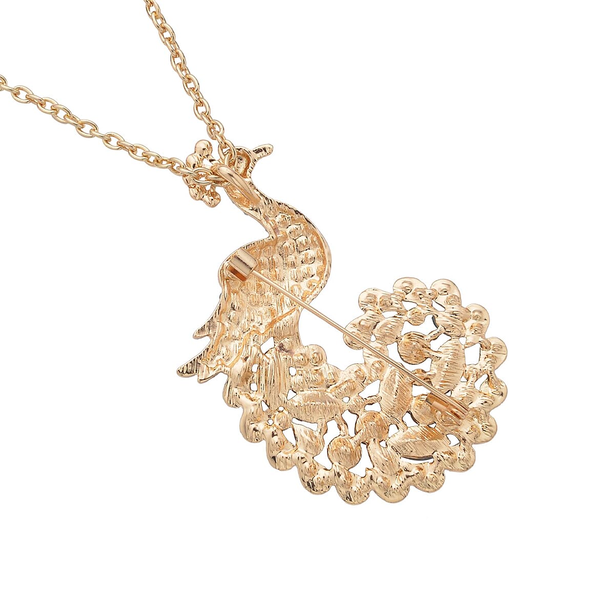 Multi Color Austrian Crystal, Blue Glass and Enameled Peacock Brooch or Pendant Necklace 28-30 Inches in Goldtone image number 3