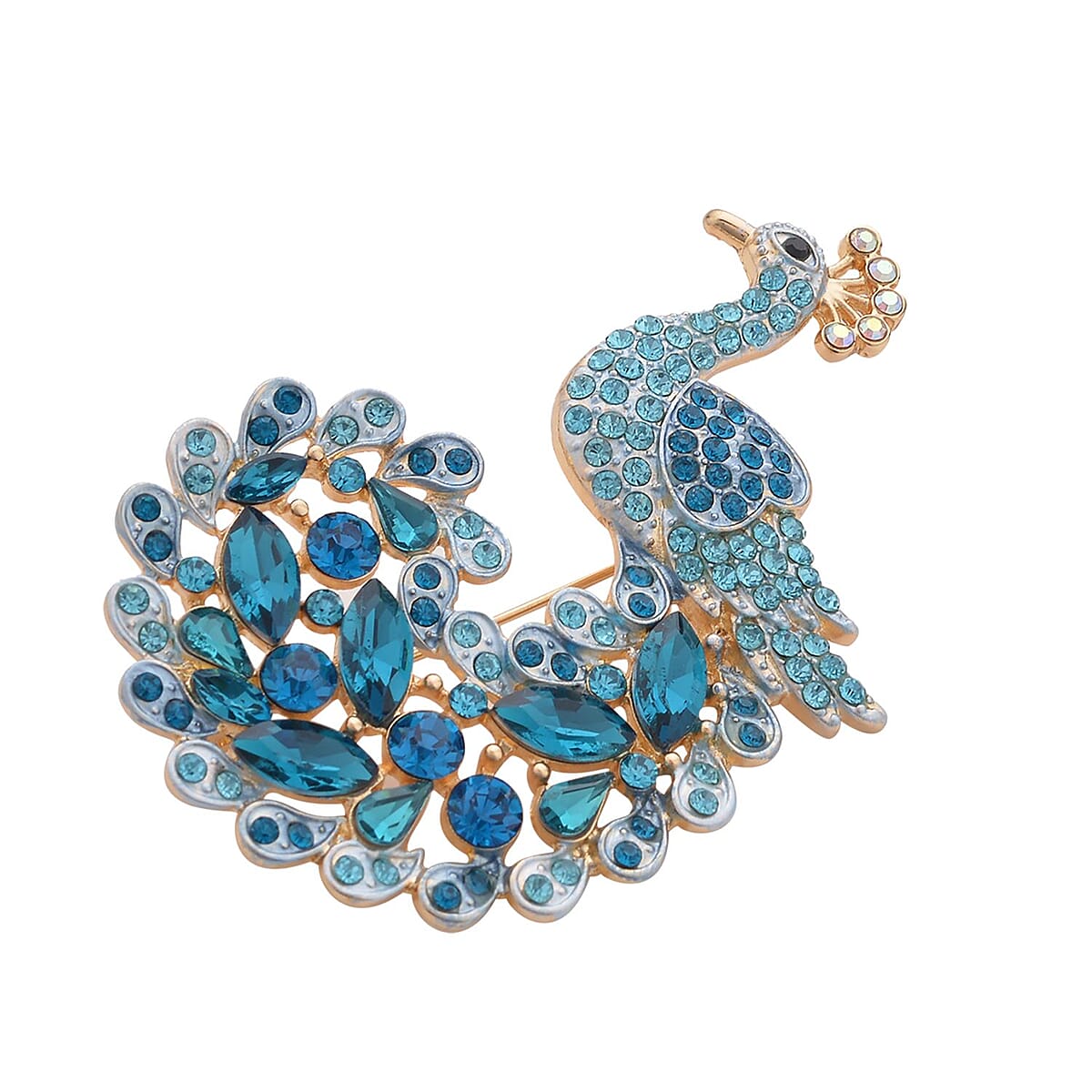 Multi Color Austrian Crystal, Blue Glass and Enameled Peacock Brooch or Pendant Necklace 28-30 Inches in Goldtone image number 5