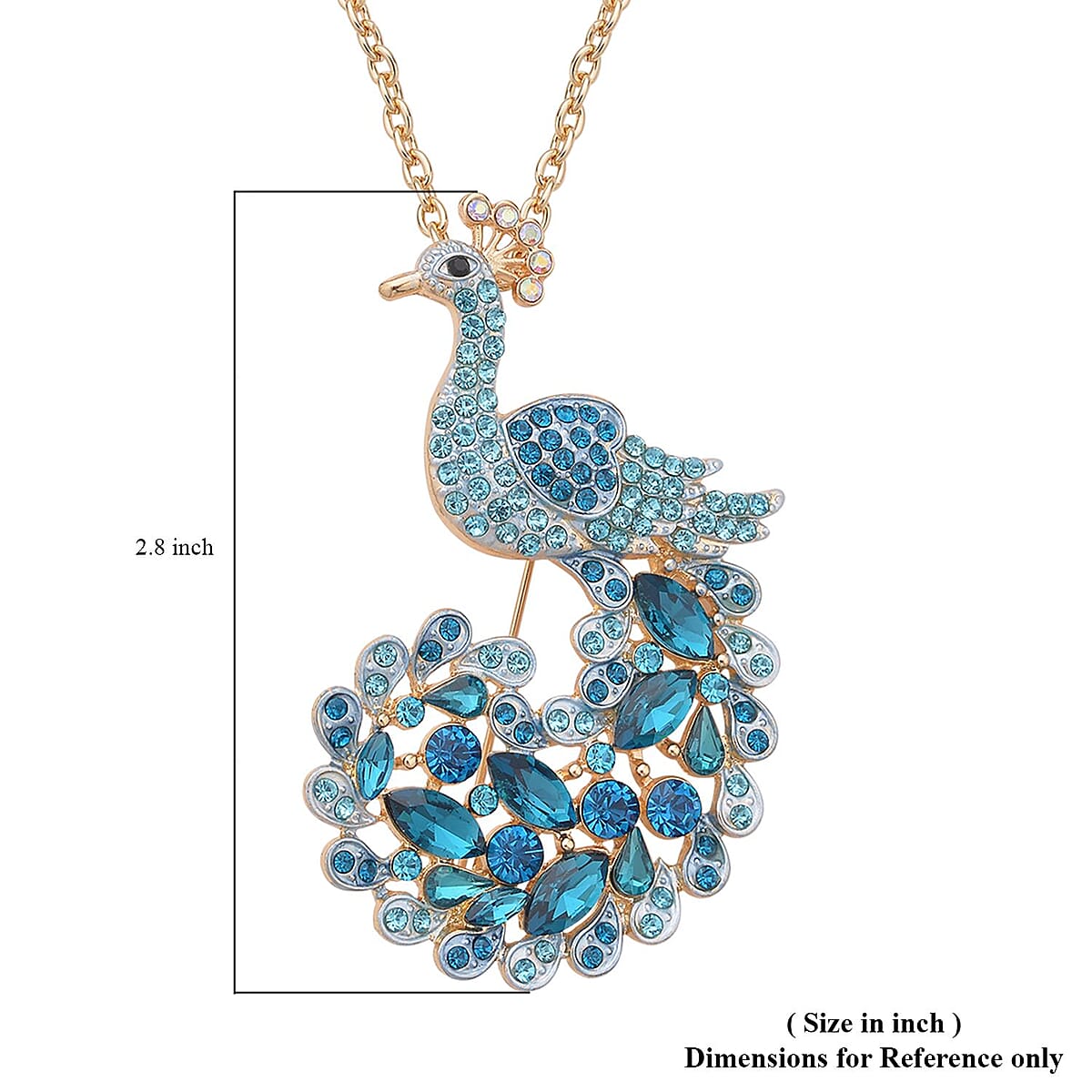 Multi Color Austrian Crystal, Blue Glass and Enameled Peacock Brooch or Pendant Necklace 28-30 Inches in Goldtone image number 6