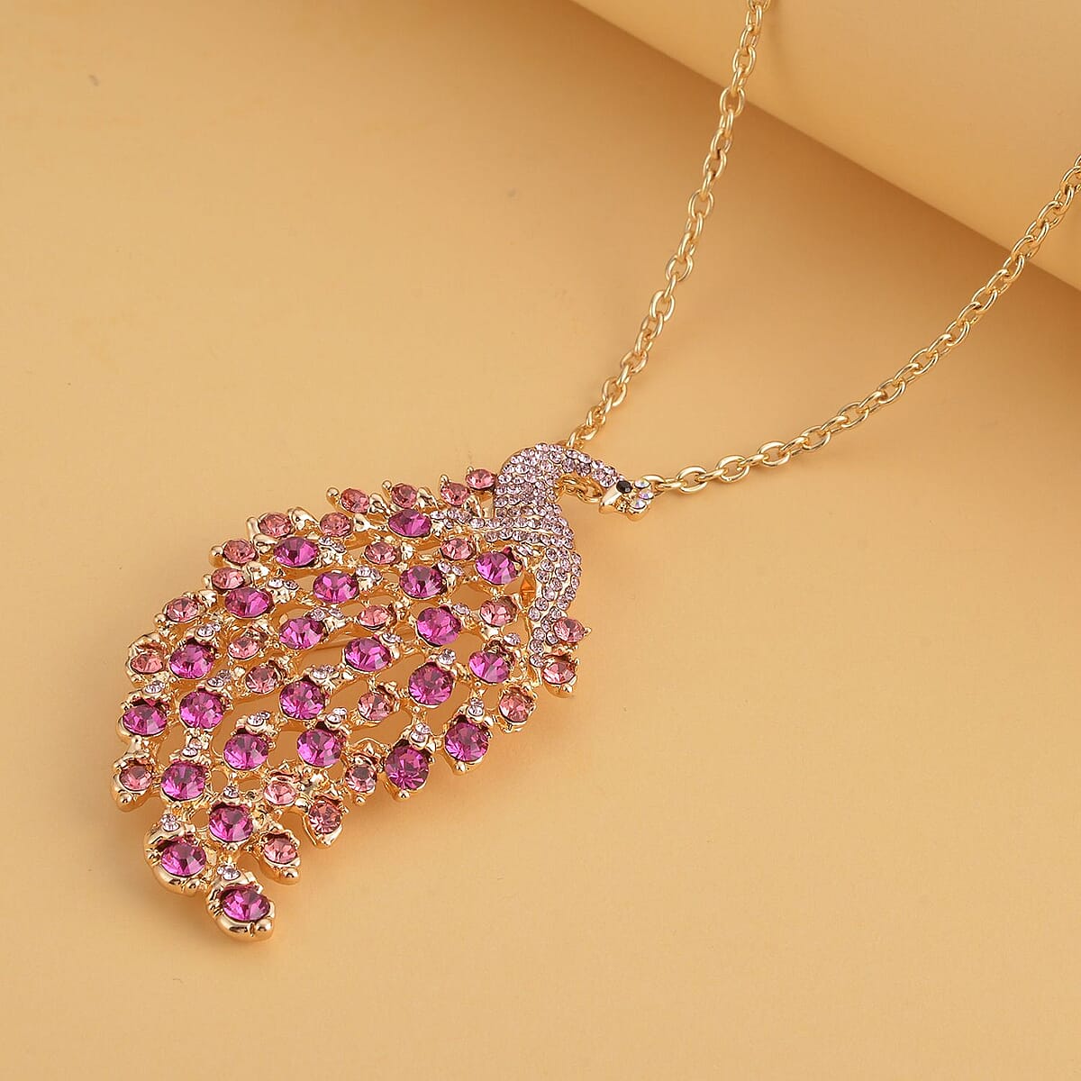 Multi Color Austrian Crystal and Enameled Peacock Brooch or Pendant Necklace 28-30 Inches in Goldtone image number 1