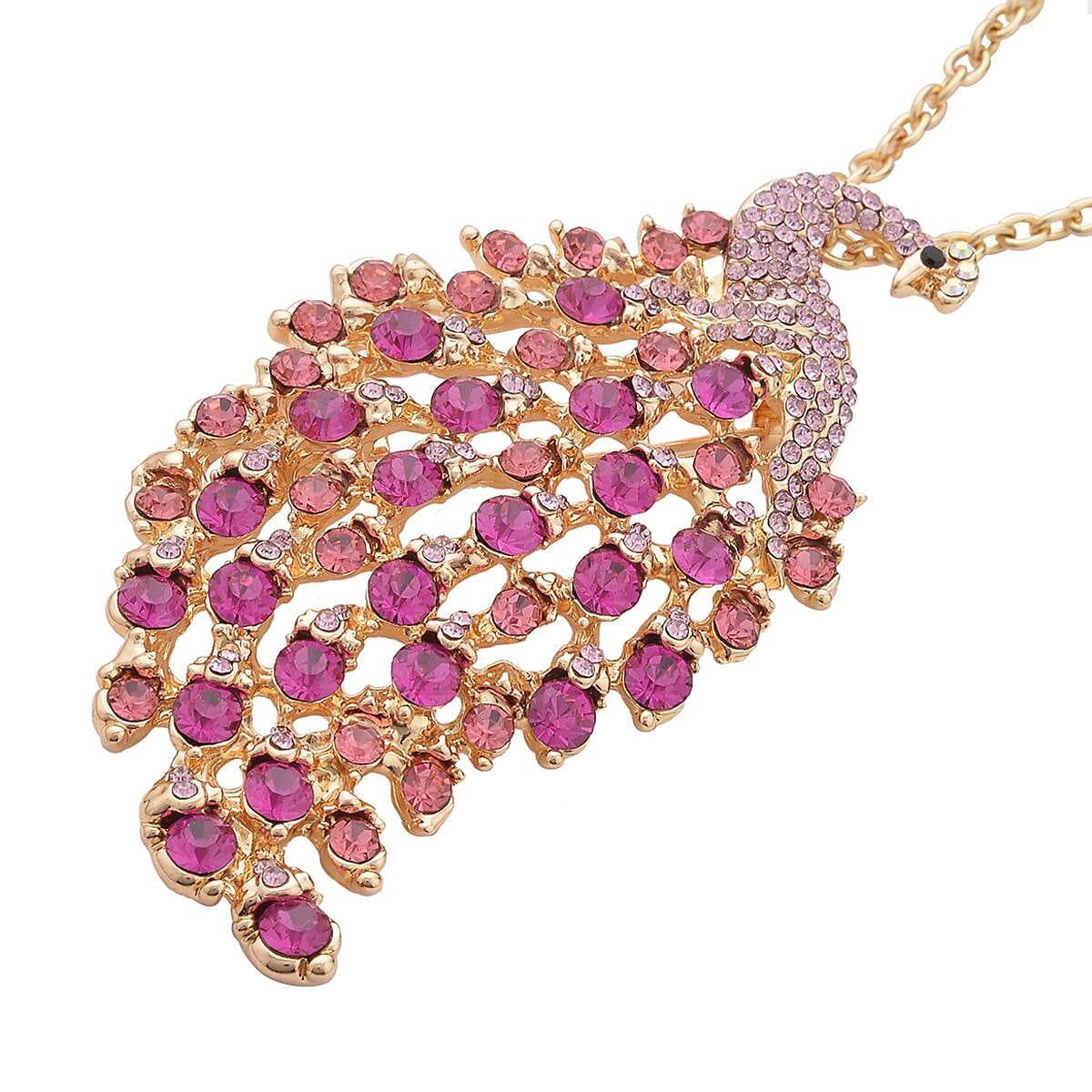 Multi Color Austrian Crystal and Enameled Peacock Brooch or Pendant Necklace 28-30 Inches in Goldtone image number 2